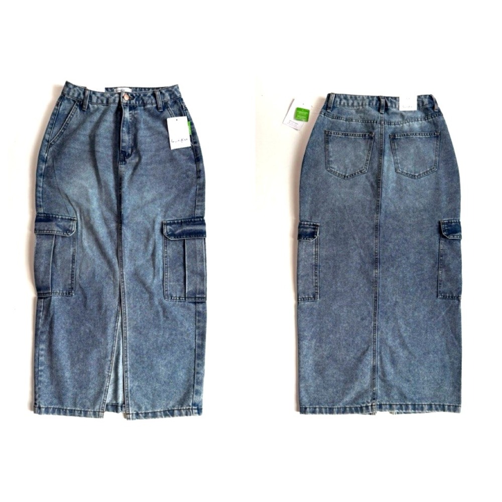New Y2K Cargo Pocket Denim Skirt Jr Women 3 S Blue Jean Maxi Cotton Love Fire